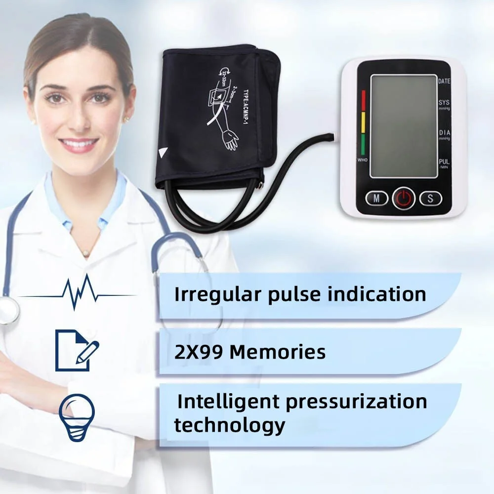 Upper Arm Blood Pressure Monitor - Digital Sphygmomanometer with Large LCD Display
