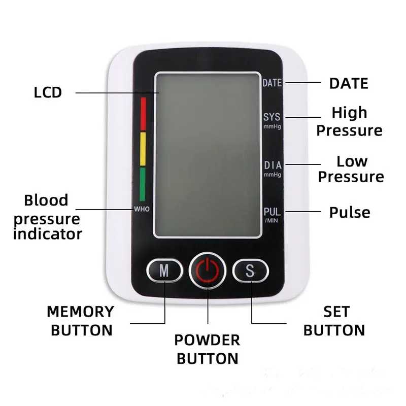 Upper Arm Blood Pressure Monitor - Digital Sphygmomanometer with Large LCD Display